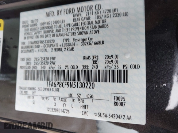2022 Ford Mustang GT with VIN 1FA6P8CF9N5130220, listed as a IAAI auction lot 41641969 with Not provided miles and . Bid and sale history available at DreamBid. Image 9.