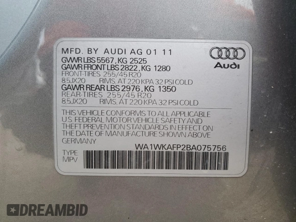 2011 Audi Q5 Prestige with VIN WA1WKAFP2BA075756, listed as a Copart auction lot 85464134 with 106,924 mi miles and Salvage title. Bid and sale history available at DreamBid. Image 15.