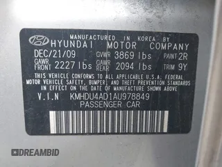 2010 Hyundai Elantra GLS with VIN KMHDU4AD1AU978849, listed as a IAAI auction lot 42266650 with 115,111 mi miles and . Bid and sale history available at DreamBid. Image 9.