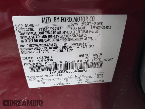 2008 Ford Taurus X Limited z VIN 1FMDK03W58GA36695, wystawiony jako IAAI lot #41472278 z przebiegiem 221 213 mil mil oraz . Historia ofert i sprzedaży dostępna na DreamBid. Obrazek 9.