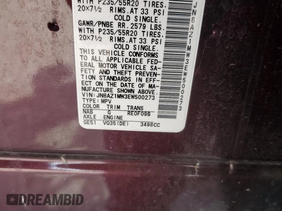 2014 Nissan Murano LE z VIN JN8AZ1MW3EW500273, wystawiony jako Copart lot #58333095 z przebiegiem 46 474 mil mil oraz Szkoda całkowita • Salvage title. Historia ofert i sprzedaży dostępna na DreamBid. Obrazek 14.