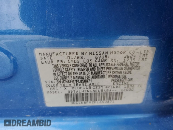 2023 Nissan Versa SR with VIN 3N1CN8FV7PL850871, listed as a Copart auction lot 45467195 with 64,263 mi miles and Clean title. Bid and sale history available at DreamBid. Image 12.