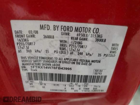2008 Ford F-150 STX с VIN 1FTRX14W78FB43995, выставлен на аукционе Copart как лот 57146925 с пробегом 152 126 миль миль и На запчасти • Non repairable. История ставок и продаж доступна на DreamBid. Изображение 12.