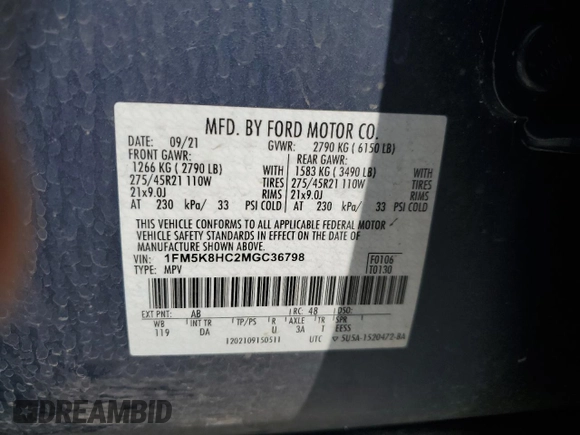 2021 Ford Explorer Platinum z VIN 1FM5K8HC2MGC36798, wystawiony jako Copart lot #60119585 z przebiegiem 70 174 mil mil oraz Szkoda całkowita • Salvage title. Historia ofert i sprzedaży dostępna na DreamBid. Obrazek 13.