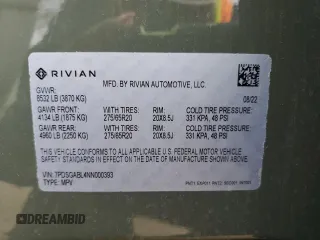 2022 Rivian R1S Launch Edition z VIN 7PDSGABL4NN000393, wystawiony jako Copart lot #44218005 z przebiegiem 26 598 mil mil oraz Szkoda całkowita • Salvage title. Historia ofert i sprzedaży dostępna na DreamBid. Obrazek 13.