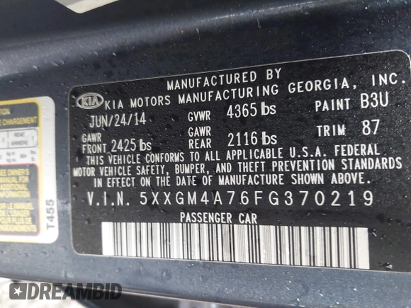 2015 Kia Optima LX with VIN 5XXGM4A76FG370219, listed as a IAAI auction lot 42471634 with 118,467 mi miles and . Bid and sale history available at DreamBid. Image 9.