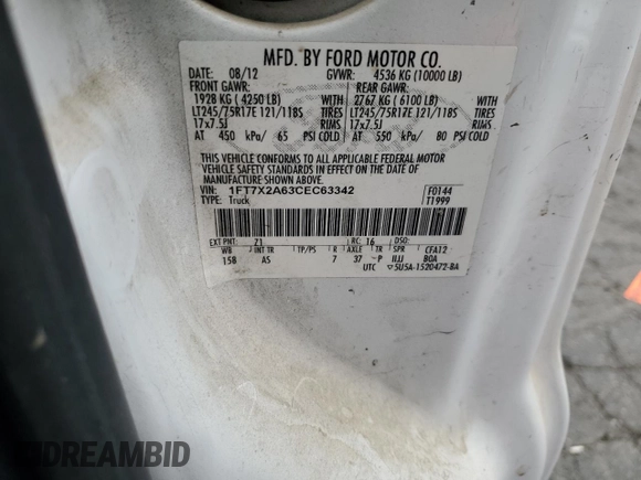 2012 Ford Super Duty F-250 SRW XL with VIN 1FT7X2A63CEC63342, listed as a Copart auction lot 73231914 with 177,457 mi miles and Clean Title. Bid and sale history available at carsss.com. Image 12.