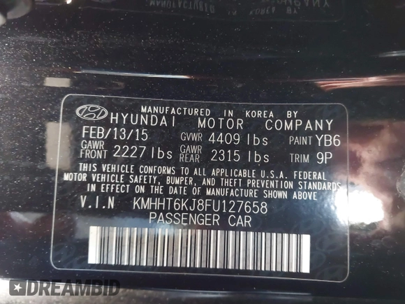 2015 Hyundai Genesis Coupe 3.8L Base with VIN KMHHT6KJ8FU127658, listed as a IAAI auction lot 41821709 with 94,086 mi miles and . Bid and sale history available at DreamBid. Image 9.