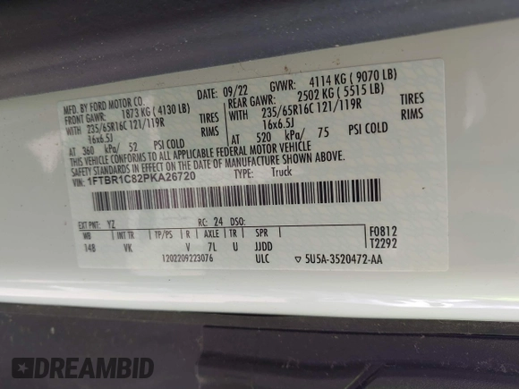 2023 Ford Transit Cargo with VIN 1FTBR1C82PKA26720, listed as a IAAI auction lot 39437379 with Not provided miles and . Bid and sale history available at DreamBid. Image 9.