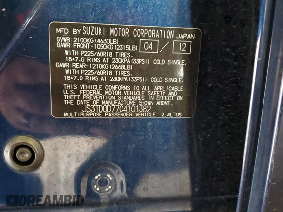 2012 Suzuki Grand Vitara Limited z VIN JS3TD0D77C4101382, wystawiony jako Copart lot #60017895 z przebiegiem 118 024 mil mil oraz Szkoda całkowita • Salvage title. Historia ofert i sprzedaży dostępna na DreamBid. Obrazek 13.