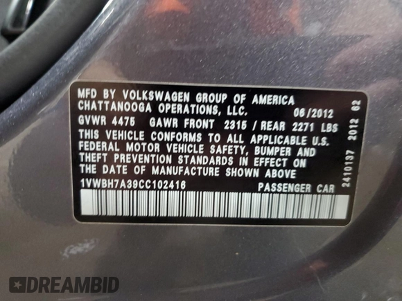 2012 Volkswagen Passat SE with VIN 1VWBH7A39CC102416, listed as a Copart auction lot 61557405 with 170,034 mi miles and Salvage title. Bid and sale history available at DreamBid. Image 12.