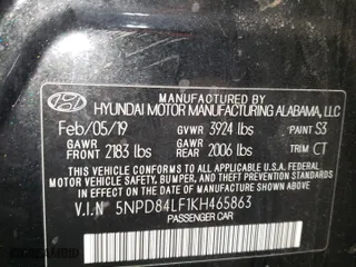 2019 Hyundai Elantra SEL with VIN 5NPD84LF1KH465863, listed as a Copart auction lot 48281685 with 52,907 mi miles and Salvage Title. Bid and sale history available at carsss.com. Image 12.
