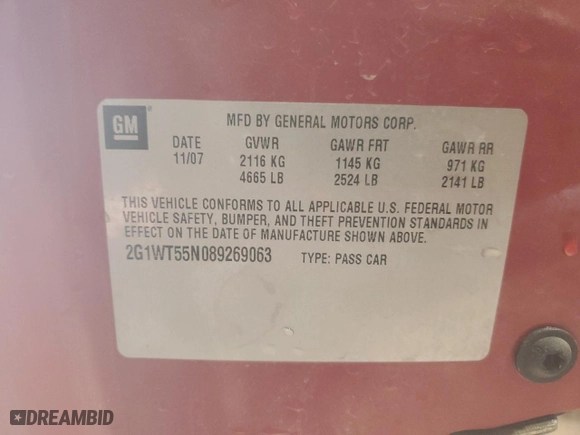 2008 Chevrolet Impala LT with VIN 2G1WT55N089269063, listed as a Copart auction lot 47538155 with 161,626 mi miles and Salvage Title. Bid and sale history available at carsss.com. Image 12.