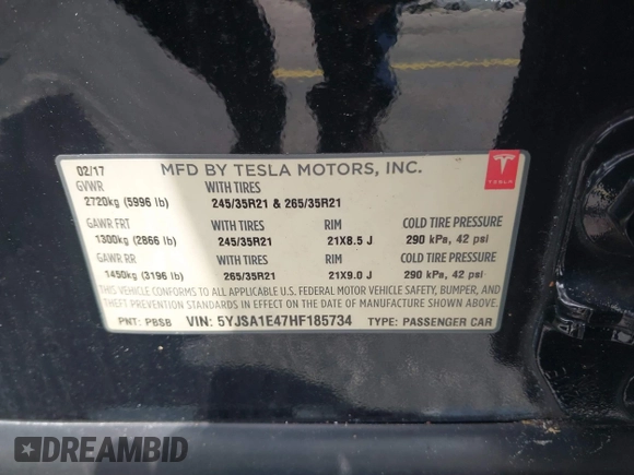2017 Tesla Model S 100D with VIN 5YJSA1E47HF185734, listed as a IAAI auction lot 42076544 with 56,682 mi miles. Bid and sale history available at carsss.com. Image 9.