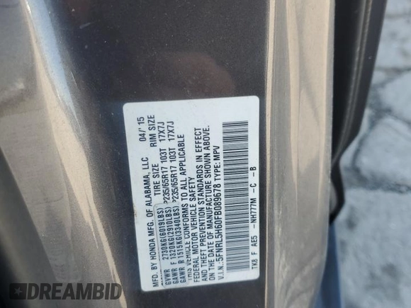 2015 Honda Odyssey EX-L with VIN 5FNRL5H60FB089678, listed as a Copart auction lot 56025035 with Not Provided miles and Salvage Title. Bid and sale history available at DreamBid. Image 13.