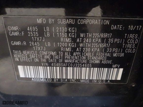 2018 Subaru Outback Premium with VIN 4S4BSAFC0J3254605, listed as a IAAI auction lot 41619559 with 200,155 mi miles. Bid and sale history available at carsss.com. Image 9.