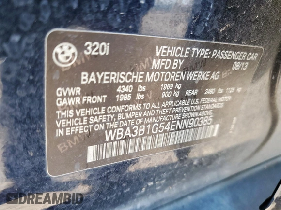 2014 BMW 3 Series 320i with VIN WBA3B1G54ENN90385, listed as a Copart auction lot 59477835 with 183,692 mi miles and Clean title. Bid and sale history available at DreamBid. Image 13.