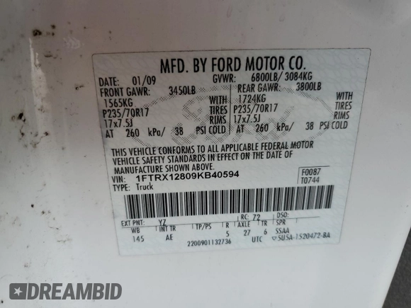 2009 Ford F-150 STX with VIN 1FTRX12809KB40594, listed as a Copart auction lot 49346625 with 490,523 mi miles and Clean Title. Bid and sale history available at carsss.com. Image 12.