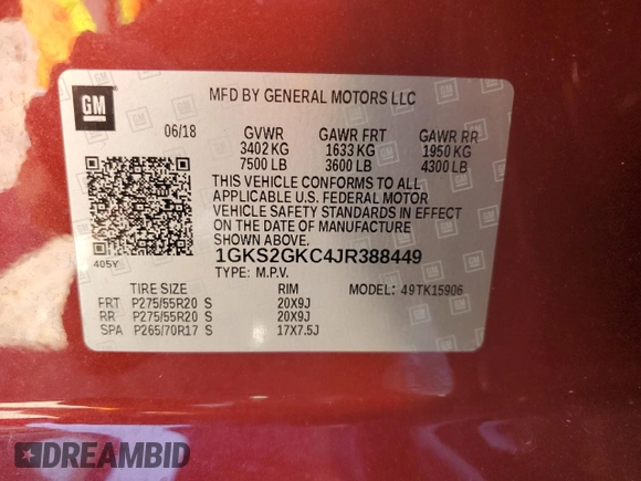 2018 GMC Yukon XL SLT z VIN 1GKS2GKC4JR388449, wystawiony jako Copart lot #52379265 z przebiegiem 135 130 mil mil oraz Szkoda całkowita • Salvage title. Historia ofert i sprzedaży dostępna na DreamBid. Obrazek 14.