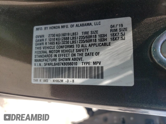 2019 Honda Odyssey Touring z VIN 5FNRL6H87KB098010, wystawiony jako Copart lot #54791505 z przebiegiem 94 477 mil mil oraz Szkoda całkowita • Salvage title. Historia ofert i sprzedaży dostępna na DreamBid. Obrazek 13.