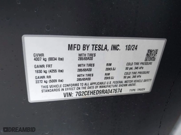 2024 Tesla Cybertruck with VIN 7G2CEHED9RA047674, listed as a IAAI auction lot 41118625 with 1,323 mi miles. Bid and sale history available at carsss.com. Image 9.