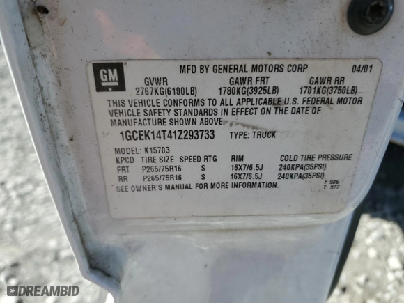 2001 Chevrolet Silverado 1500 LS with VIN 1GCEK14T41Z293733, listed as a Copart auction lot 74074914 with 266,504 mi miles and Salvage Title. Bid and sale history available at carsss.com. Image 12.