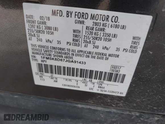 2018 Ford Explorer XLT z VIN 1FM5K8D87JGA91433, wystawiony jako IAAI lot #41038180 z przebiegiem 125 351 mil mil oraz . Historia ofert i sprzedaży dostępna na DreamBid. Obrazek 9.