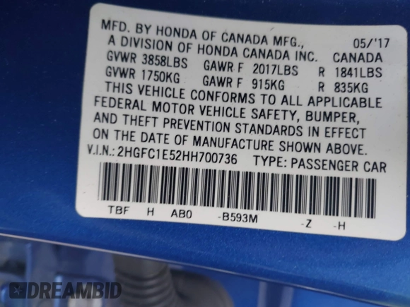 2017 Honda Civic Sedan Si with VIN 2HGFC1E52HH700736, listed as a IAAI auction lot 41785831 with 104,513 mi miles. Bid and sale history available at carsss.com. Image 9.