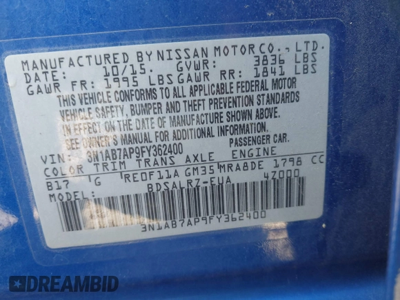 2015 Nissan Sentra SR with VIN 3N1AB7AP9FY362400, listed as a IAAI auction lot 42157078 with 65,186 mi miles and . Bid and sale history available at DreamBid. Image 9.