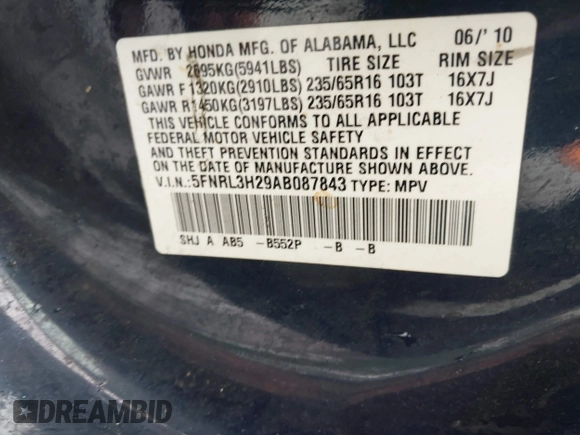 2010 Honda Odyssey LX с VIN 5FNRL3H29AB087843, выставлен на аукционе IAAI как лот 42462955 с пробегом 196 468 миль миль и . История ставок и продаж доступна на DreamBid. Изображение 9.
