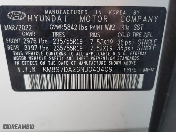 2022 Hyundai Santa Fe Plug-In Hybrid Limited with VIN KM8S7DA26NU043409, listed as a Copart auction lot 76039754 with 11,860 mi miles and Salvage Title. Bid and sale history available at carsss.com. Image 13.