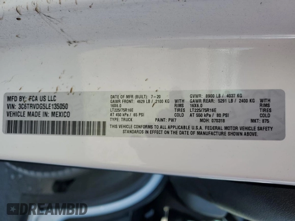 2020 Ram ProMaster Cargo with VIN 3C6TRVDG5LE135050, listed as a Copart auction lot 87301064 with 103,398 mi miles and Salvage Title. Bid and sale history available at carsss.com. Image 14.