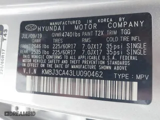2020 Hyundai Tucson Value with VIN KM8J3CA43LU090462, listed as a IAAI auction lot 41456401 with 66,895 mi miles. Bid and sale history available at carsss.com. Image 9.