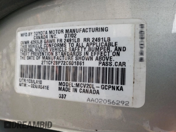 2002 Toyota Solara SE with VIN 2T1CF28P72C601861, listed as a Copart auction lot 65175974 with 246,993 mi miles and Salvage Title. Bid and sale history available at DreamBid. Image 13.