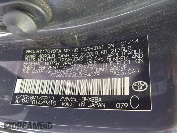 2014 Toyota Prius with VIN JTDKN3DPXE3054379, listed as a IAAI auction lot 42080665 with Not provided miles and . Bid and sale history available at DreamBid. Image 9.