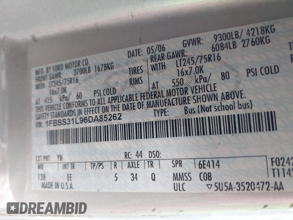 2006 Ford Econoline Passenger XL with VIN 1FBSS31L96DA85262, listed as a IAAI auction lot 41283793 with 325,912 mi miles and . Bid and sale history available at DreamBid. Image 9.
