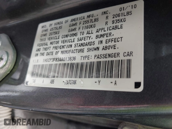 2010 Honda Accord EX-L with VIN 1HGCP3F83AA013636, listed as a IAAI auction lot 42187380 with 142,330 mi miles and . Bid and sale history available at DreamBid. Image 9.