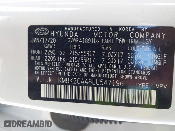 2020 Hyundai Kona SEL with VIN KM8K2CAA8LU547196, listed as a IAAI auction lot 41857809 with 38,385 mi miles and . Bid and sale history available at DreamBid. Image 9.