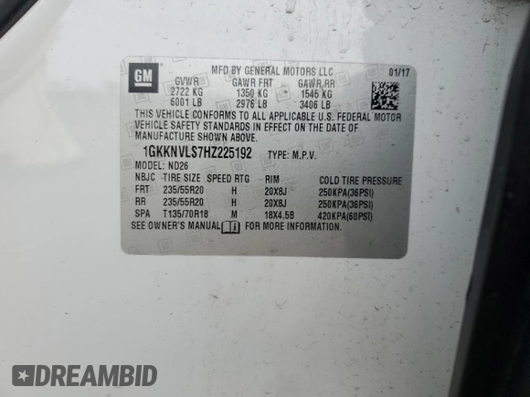 2017 GMC Acadia SLT with VIN 1GKKNVLS7HZ225192, listed as a Copart auction lot 54241675 with 140,546 mi miles and Salvage title. Bid and sale history available at DreamBid. Image 13.