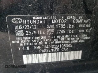2013 Hyundai Azera with VIN KMHFH4JGXDA198345, listed as a Copart auction lot 58256945 with 102,711 mi miles and Salvage title. Bid and sale history available at DreamBid. Image 12.