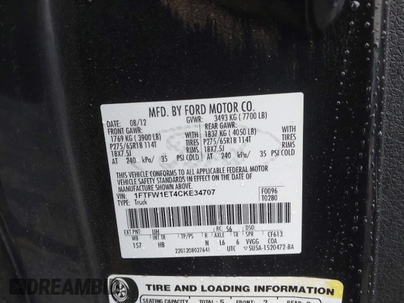 2012 Ford F-150 XL with VIN 1FTFW1ET4CKE34707, listed as a IAAI auction lot 41734865 with 193,275 mi miles. Bid and sale history available at carsss.com. Image 9.