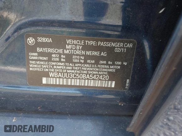 2011 BMW 3 Series 328i xDrive with VIN WBAUU3C50BA542420, listed as a IAAI auction lot 42463583 with 140,053 mi miles and . Bid and sale history available at DreamBid. Image 9.