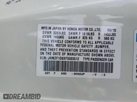 2015 Honda CR-Z EX with VIN JHMZF1D6XFS003512, listed as a Copart auction lot 56709955 with 78,785 mi miles and Salvage title. Bid and sale history available at DreamBid. Image 12.