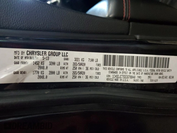 2013 Dodge Durango R/T with VIN 1C4SDJCT5DC678840, listed as a Copart auction lot 61417155 with 179,977 mi miles and Clean title. Bid and sale history available at DreamBid. Image 13.