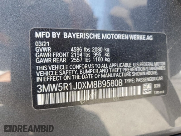 2021 BMW 3 Series 330i с VIN 3MW5R1J0XM8B95808, выставлен на аукционе Copart как лот 57659285 с пробегом 54 747 миль миль и Списание • Salvage title. История ставок и продаж доступна на DreamBid. Изображение 12.