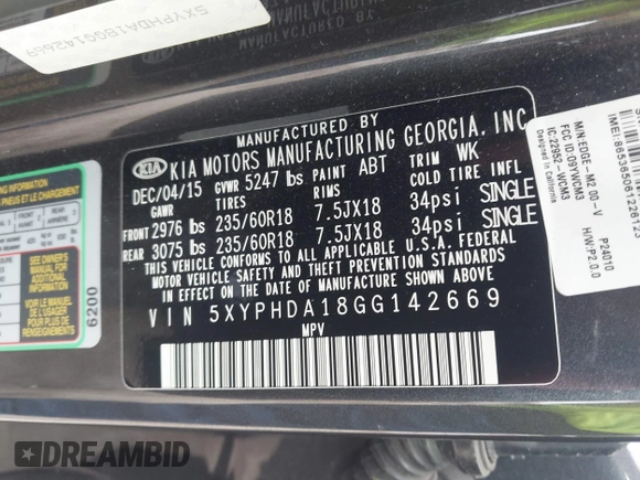 2016 Kia Sorento EX with VIN 5XYPHDA18GG142669, listed as a IAAI auction lot 42257533 with 102,064 mi miles and . Bid and sale history available at DreamBid. Image 9.