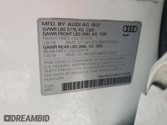2021 Audi Q3 Premium with VIN WA1AUCF3XM1145682, listed as a Copart auction lot 37556793 with 20,217 mi miles. Bid and sale history available at carsss.com. Image 14.