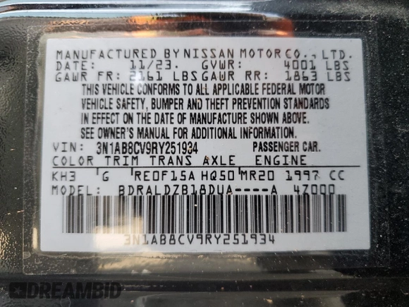 2024 Nissan Sentra SV z VIN 3N1AB8CV9RY251934, wystawiony jako Copart lot #60959315 z przebiegiem 40 822 mil mil oraz Szkoda całkowita • Salvage title. Historia ofert i sprzedaży dostępna na DreamBid. Obrazek 12.