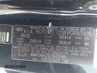 2012 Kia Forte EX with VIN KNAFU4A25C5623589, listed as a IAAI auction lot 42104501 with 273,270 mi miles. Bid and sale history available at carsss.com. Image 9.