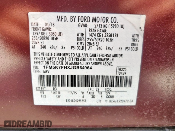2018 Ford Explorer Limited with VIN 1FM5K7FHXJGB64964, listed as a Copart auction lot 62706785 with 49,119 mi miles and Salvage title. Bid and sale history available at DreamBid. Image 14.
